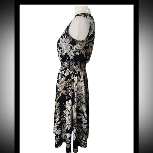 Kate And Lily Navy Gold White Floral Sleeveless V Neck Dress Elastic Waist Sz 4 - Picture 2 of 4